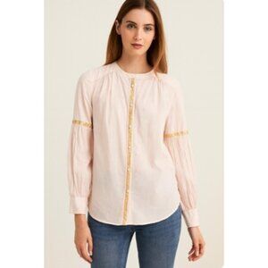 New Women's Free People Anthropologie Pink LS Blouse Metallic Ribbon Sz M Boho